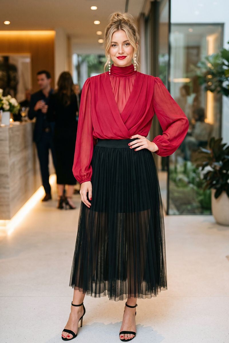 A woman models a two-piece outfit consisting of a deep red sheer long-sleeve mock-neck top and a black pleated midi skirt with a sheer tulle overlay, paired with black heeled sandals in a modern indoor lobby setting.