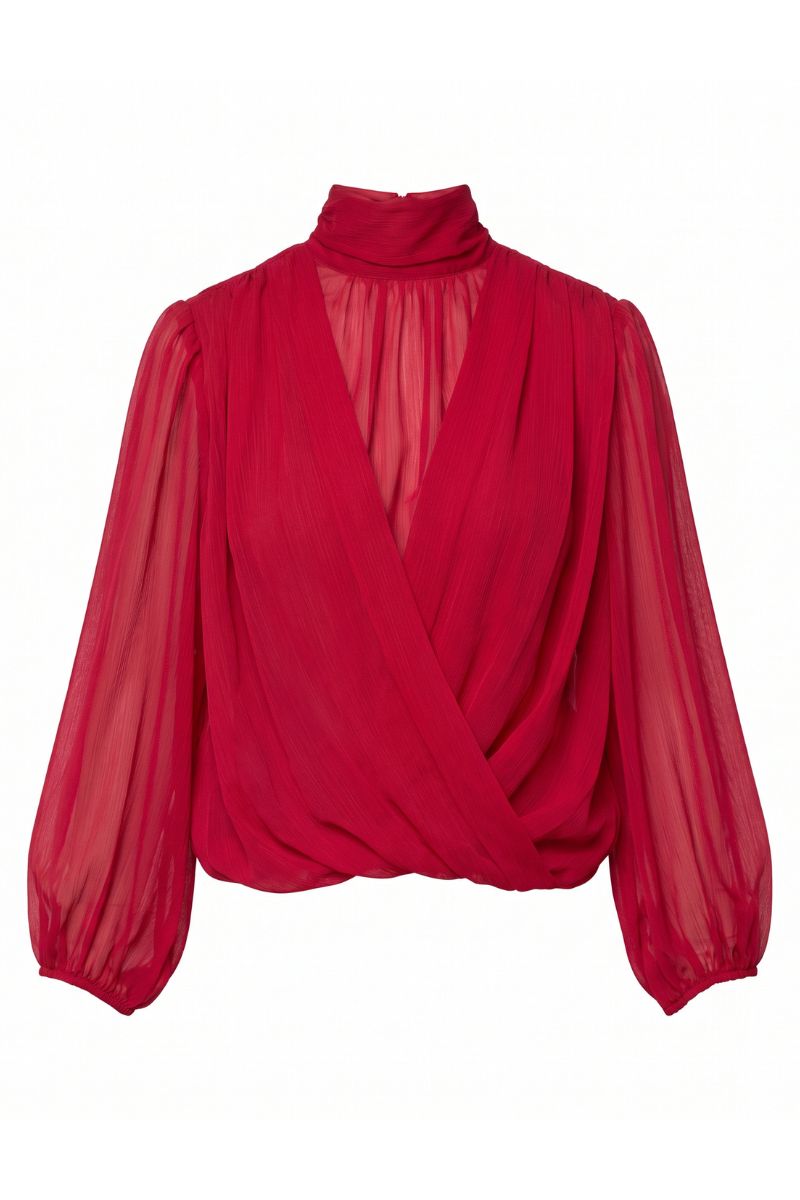 A vibrant red sheer long-sleeve blouse with a high mock neck and a wrap-style crossover front, displayed on a clean white background.