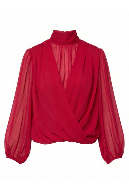 A vibrant red sheer long-sleeve blouse with a high mock neck and a wrap-style crossover front, displayed on a clean white background.