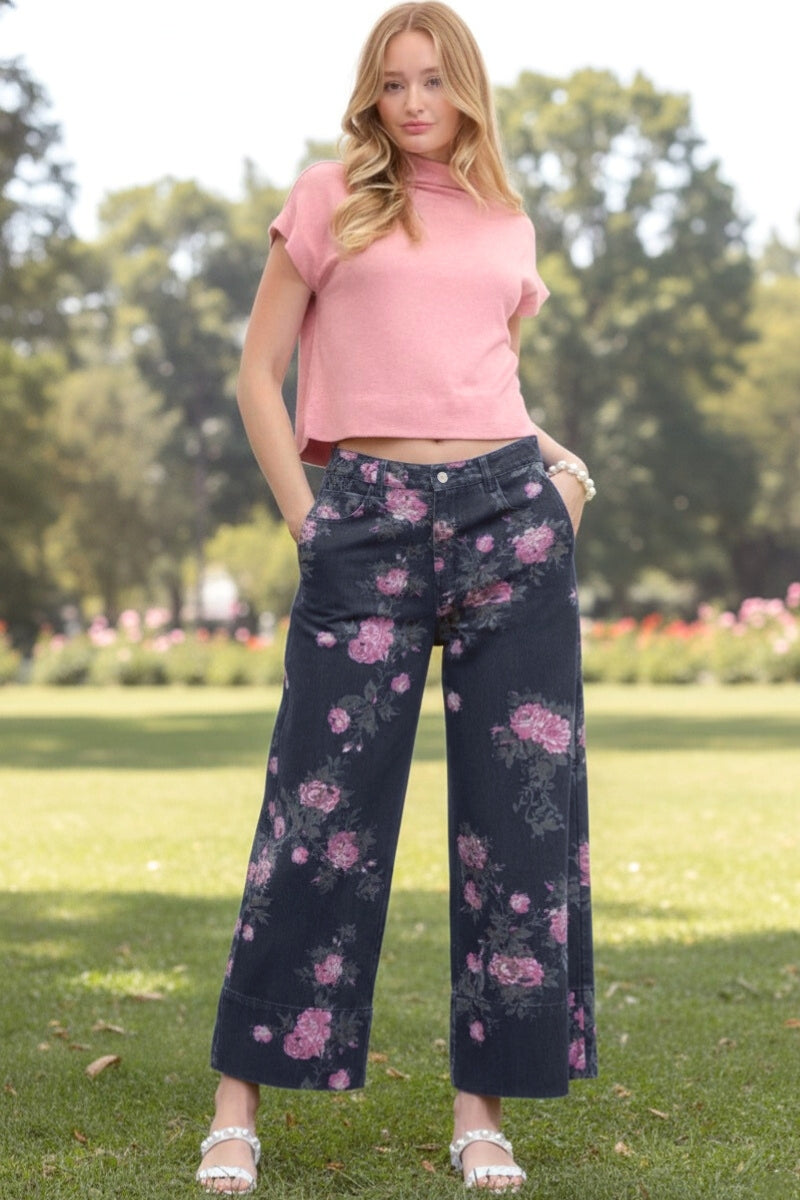 Margaux Floral Print Dark Wash Denim Pants - Uniquely Claudia Boutique