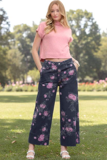 Margaux Floral Print Dark Wash Denim Pants - Uniquely Claudia Boutique