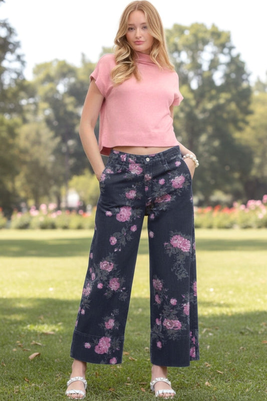 Margaux Floral Print Dark Wash Denim Pants - Uniquely Claudia Boutique