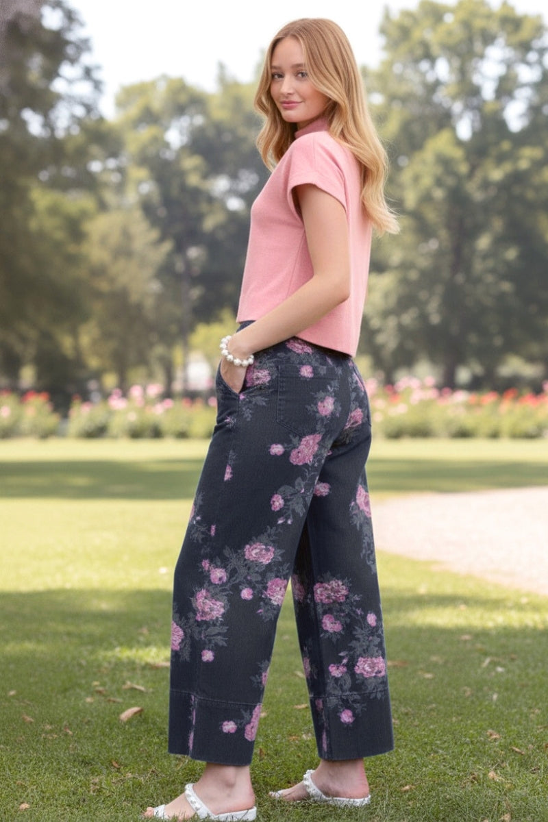 Margaux Floral Print Dark Wash Denim Pants - Uniquely Claudia Boutique