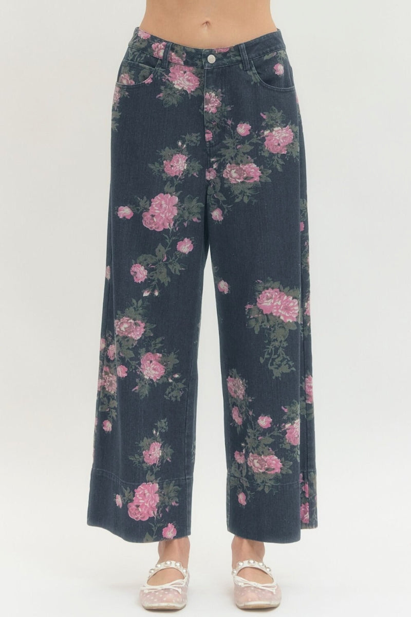 Margaux Floral Print Dark Wash Denim Pants - Uniquely Claudia Boutique