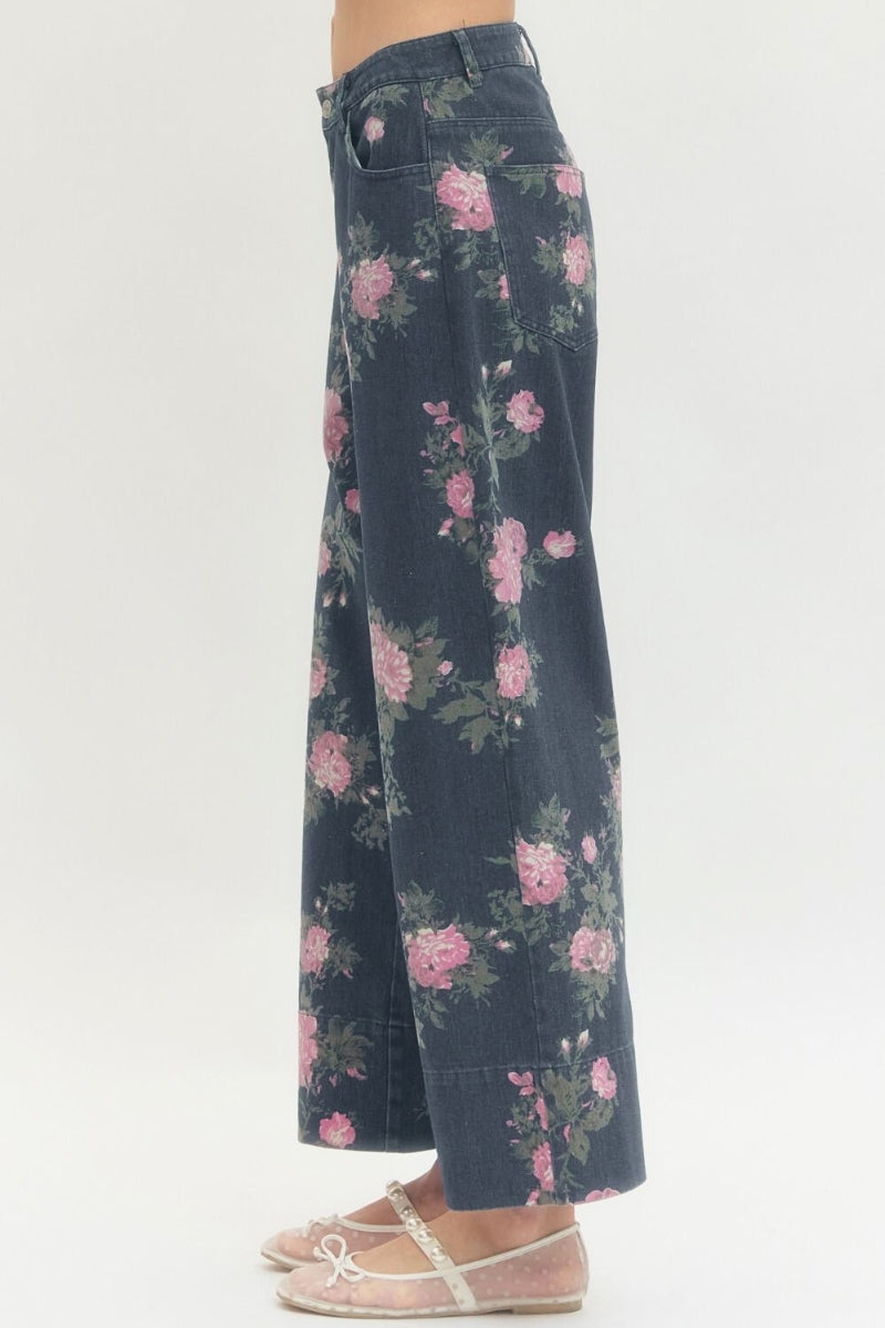 Margaux Floral Print Dark Wash Denim Pants - Uniquely Claudia Boutique