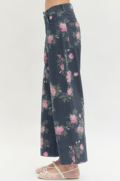 Margaux Floral Print Dark Wash Denim Pants - Uniquely Claudia Boutique