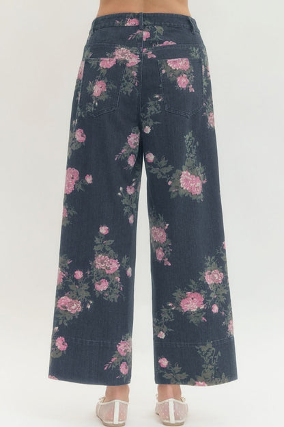 Margaux Floral Print Dark Wash Denim Pants - Uniquely Claudia Boutique