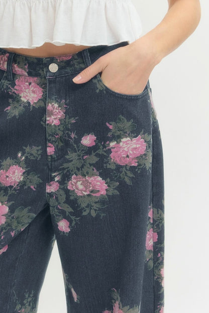 Margaux Floral Print Dark Wash Denim Pants - Uniquely Claudia Boutique