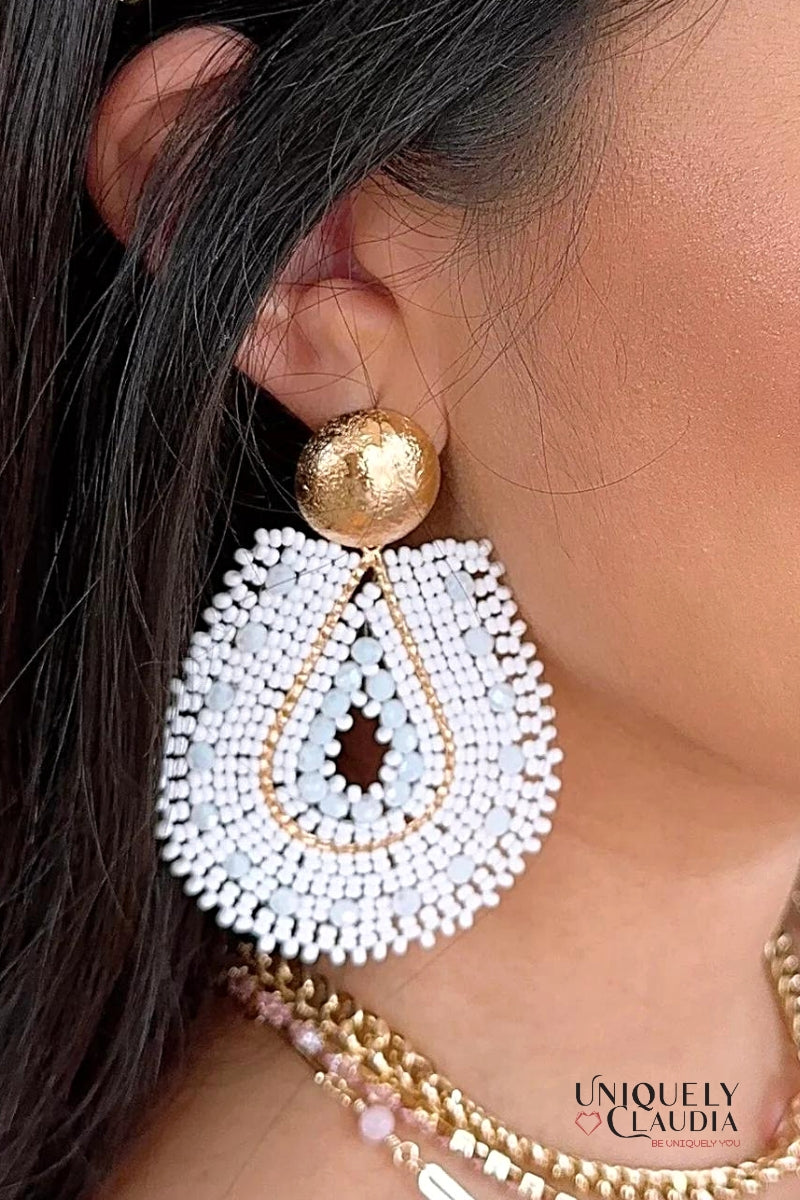 Beaded Earrings | Marianna Gold & White Teardrop Beaded Earrings | Uniquely Claudia Boutique