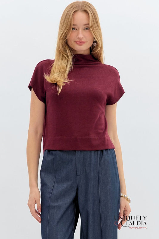 Megan Knit Mock Neck Pullover Burgundy Top - Uniquely Claudia Boutique