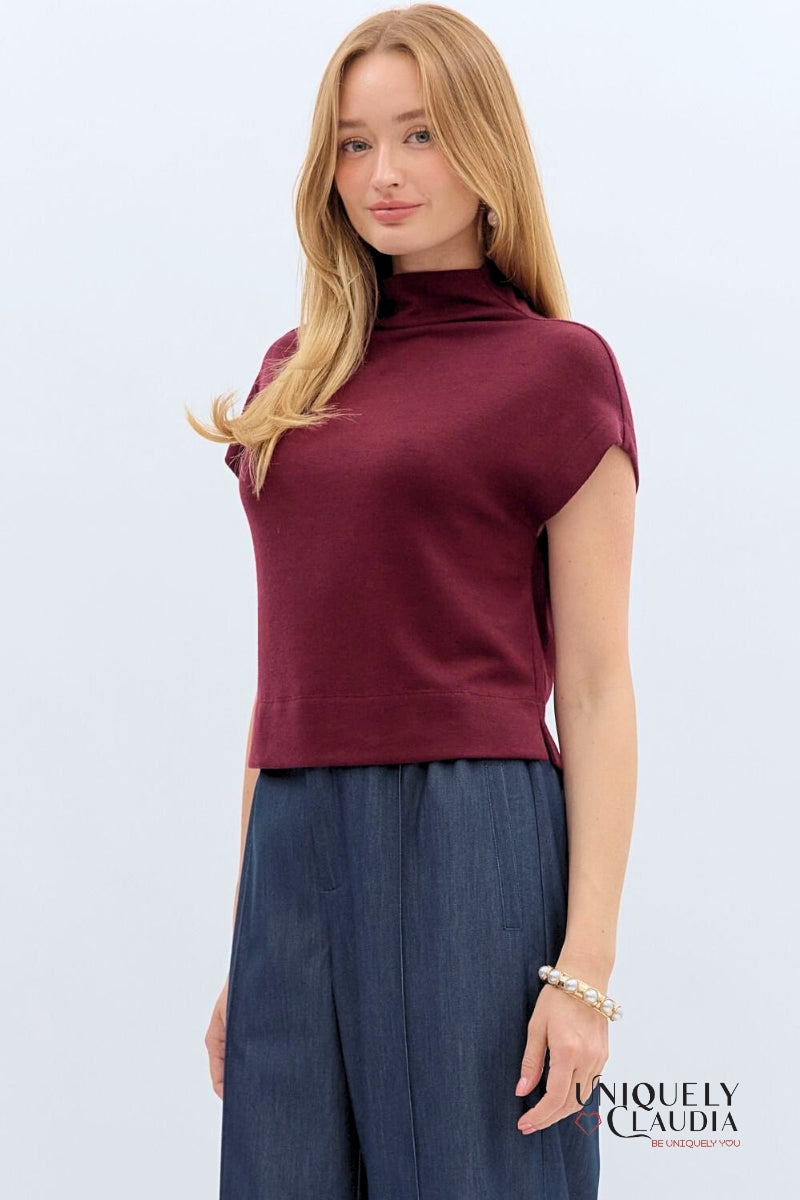 Megan Knit Mock Neck Pullover Burgundy Top - Uniquely Claudia Boutique