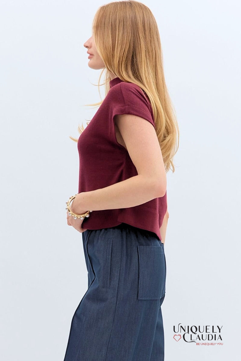 Megan Knit Mock Neck Pullover Burgundy Top - Uniquely Claudia Boutique