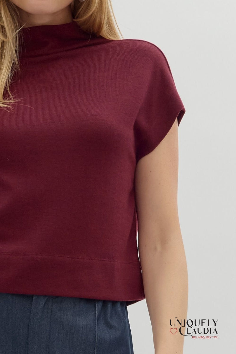 Megan Knit Mock Neck Pullover Burgundy Top - Uniquely Claudia Boutique