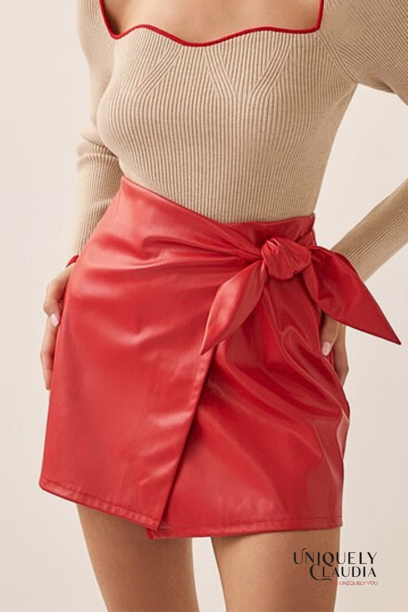 Megan Red Vegan Leather Crossover Mini Skirt| Uniquely Claudia Boutique 