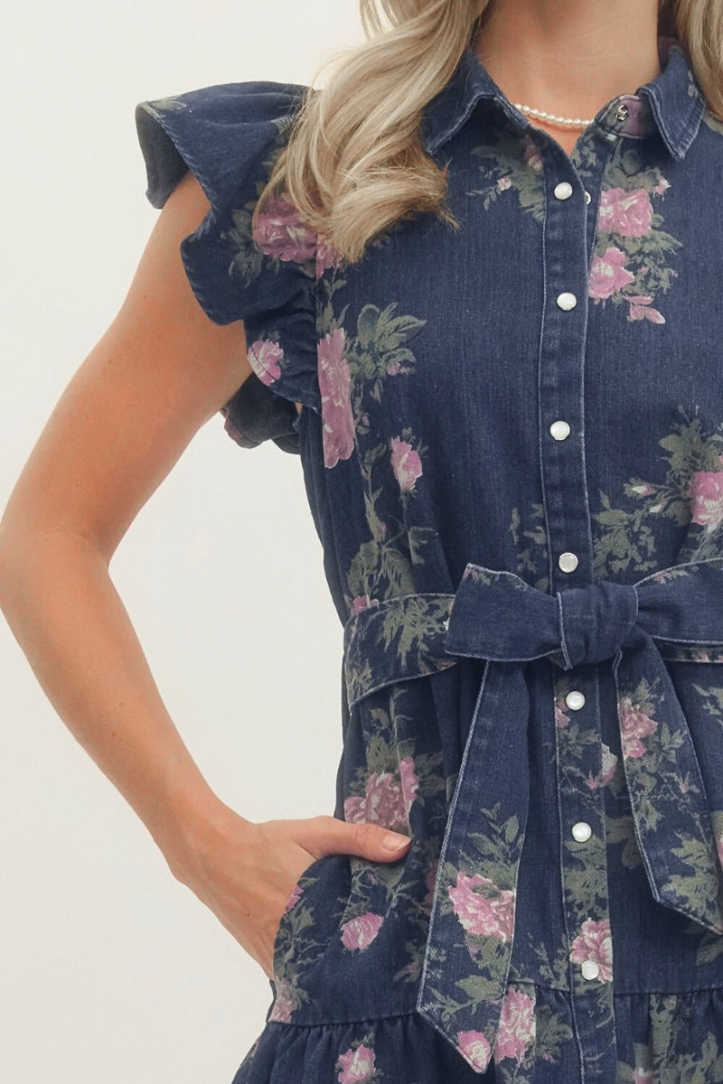 Melissa Floral Print Ruffle Sleeve Dark Wash Denim Dress - Uniquely Claudia Boutique