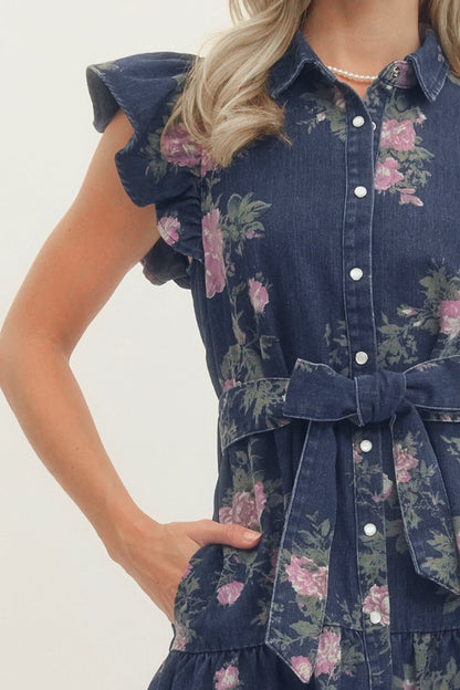 Melissa Floral Print Ruffle Sleeve Dark Wash Denim Dress - Uniquely Claudia Boutique