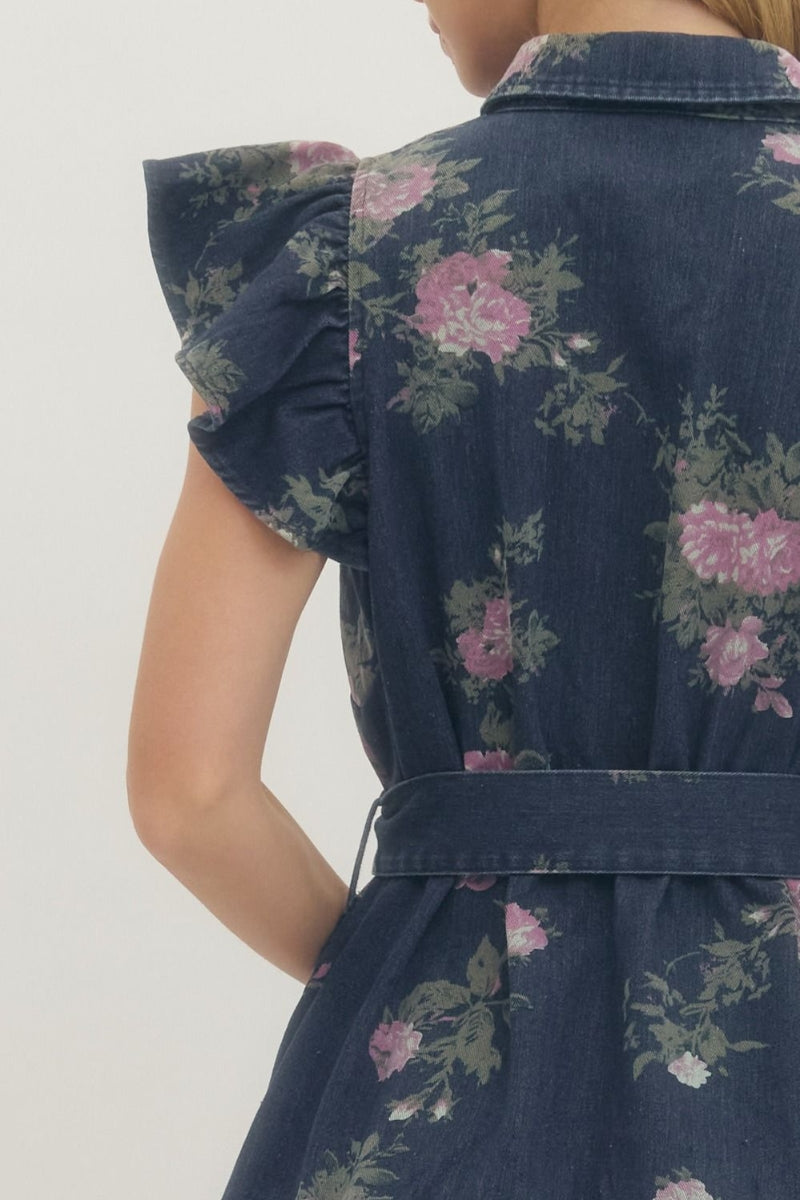 Melissa Floral Print Ruffle Sleeve Dark Wash Denim Dress - Uniquely Claudia Boutique