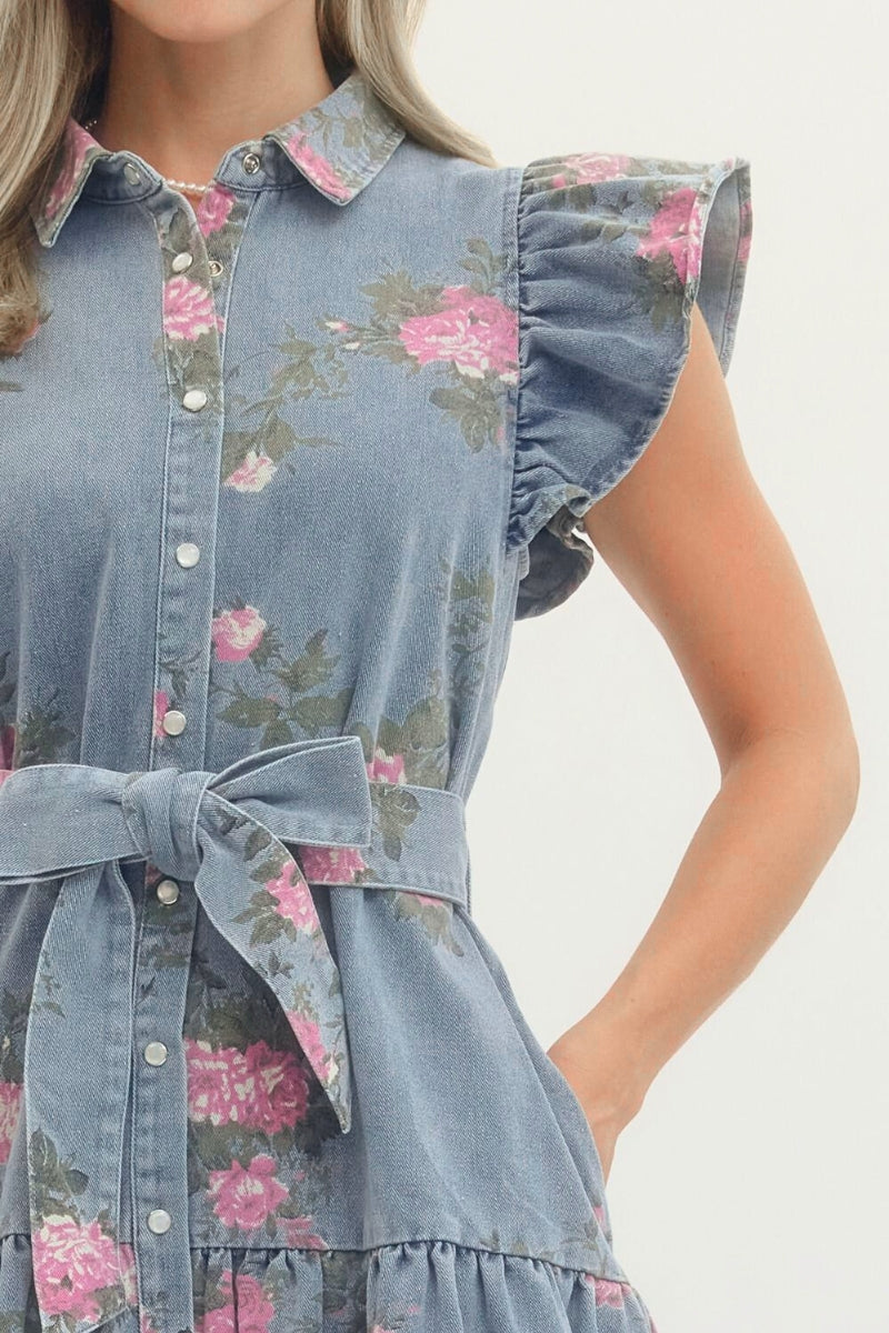 Melissa Floral Print Ruffle Sleeve Medium Wash Denim Dress - Uniquely Claudia Boutique