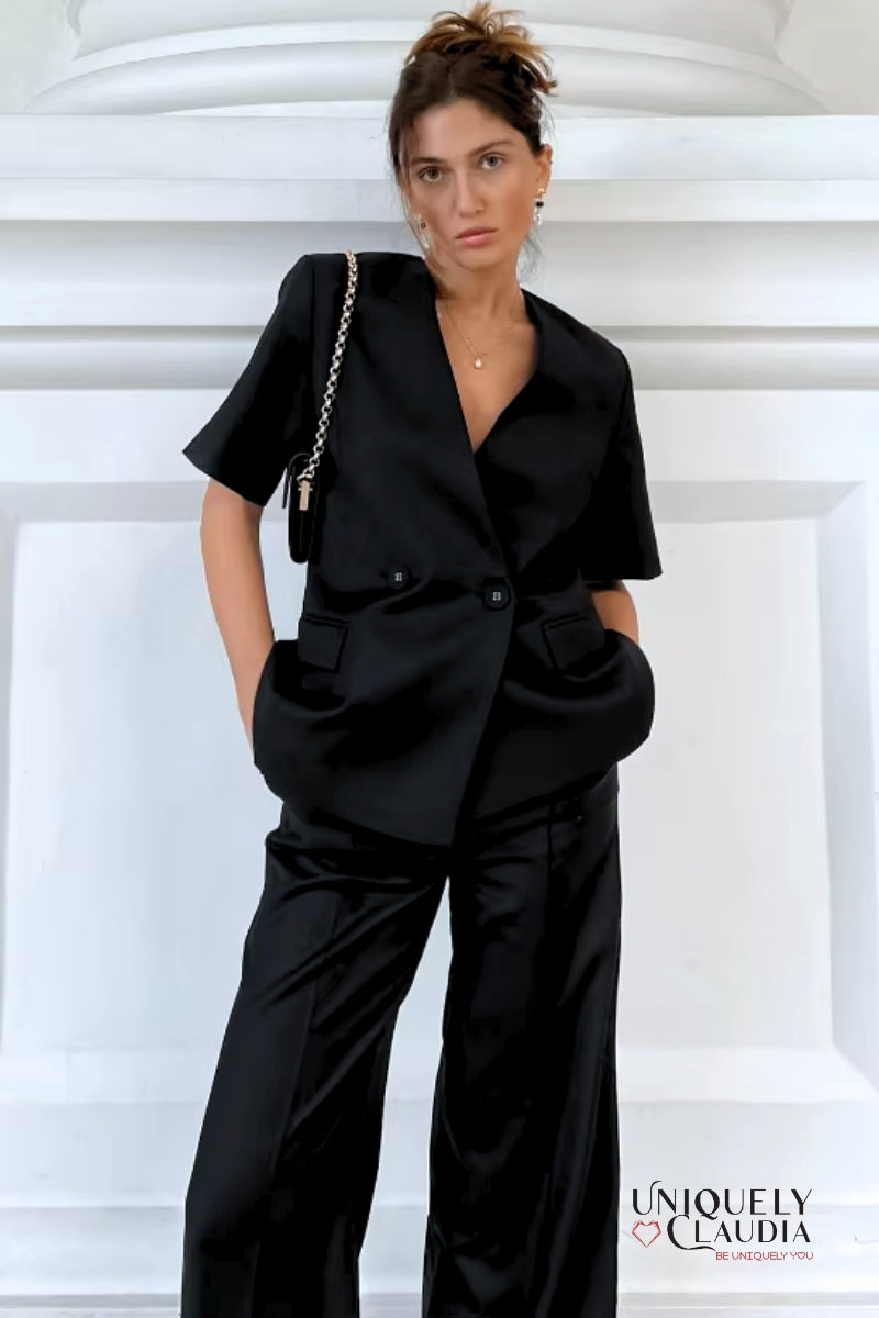 Meredith Double-Breasted Satin Blazer and Pant Set | Uniquely Claudia Boutique