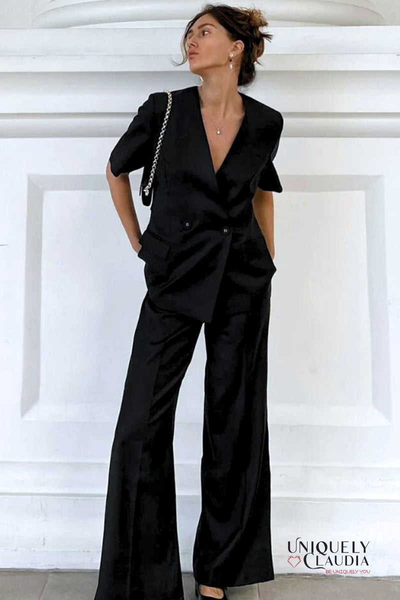 Meredith Double-Breasted Satin Blazer and Pant Set | Uniquely Claudia Boutique