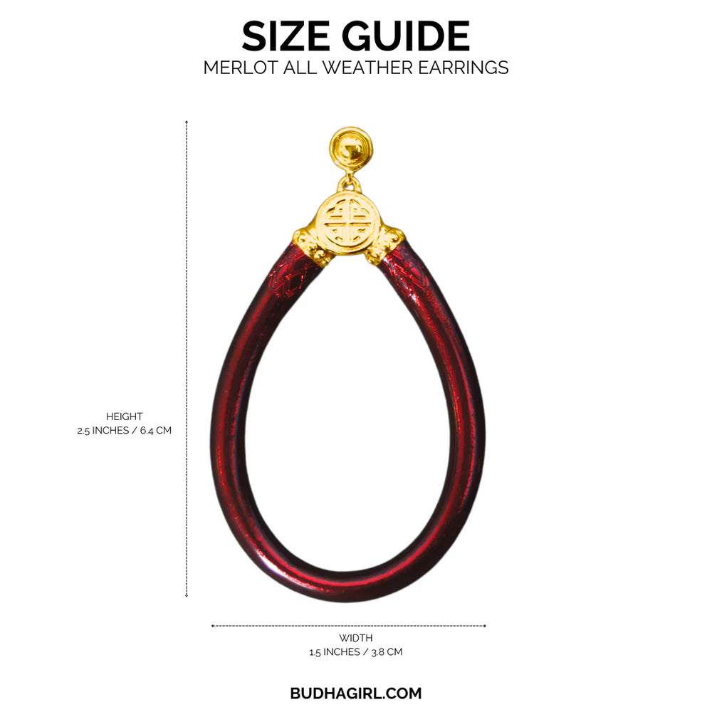 Size guide for Merlot All Weather Earrings with dimensions and brand name.