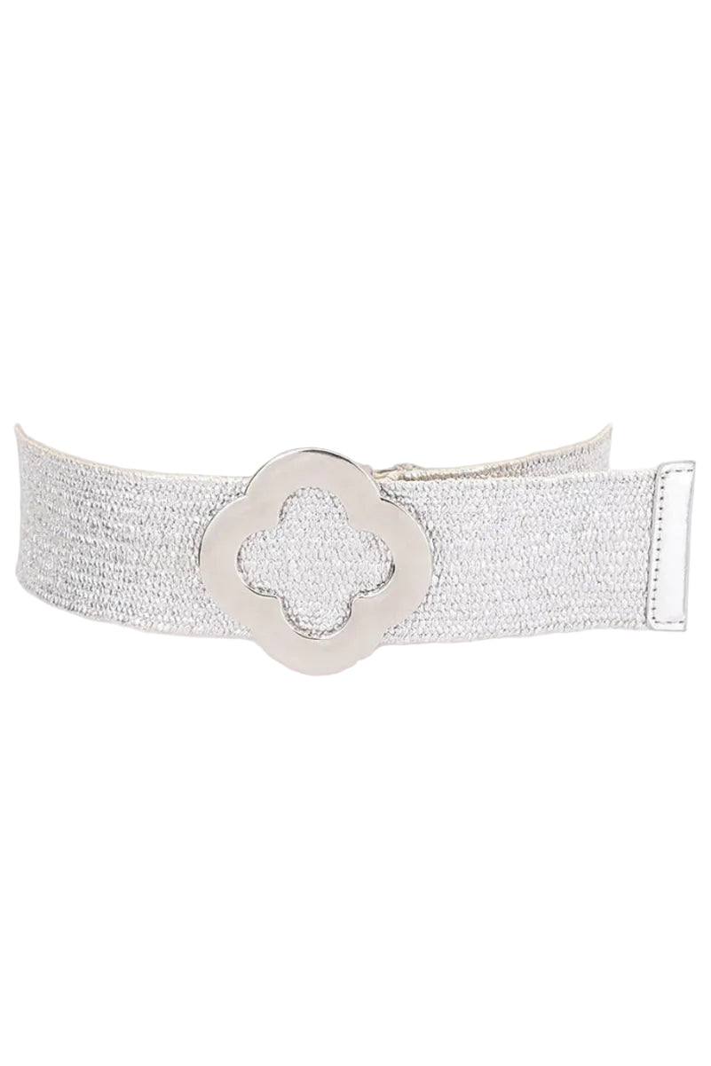 Silver belt with a decorative buckle on a white background