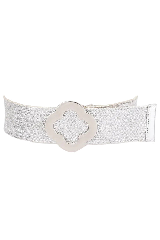 Silver belt with a decorative buckle on a white background