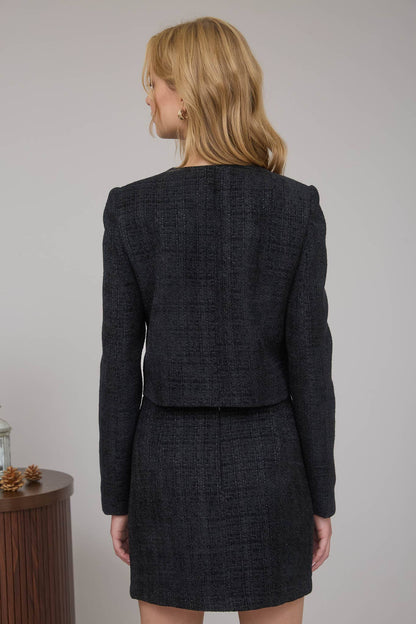 TWEED FRONT BOW TIE DETAIL BLAZER JACKET - Uniquely Claudia Boutique