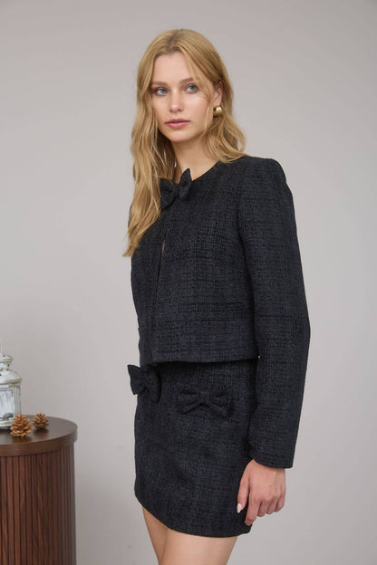TWEED FRONT BOW TIE DETAIL BLAZER JACKET - Uniquely Claudia Boutique
