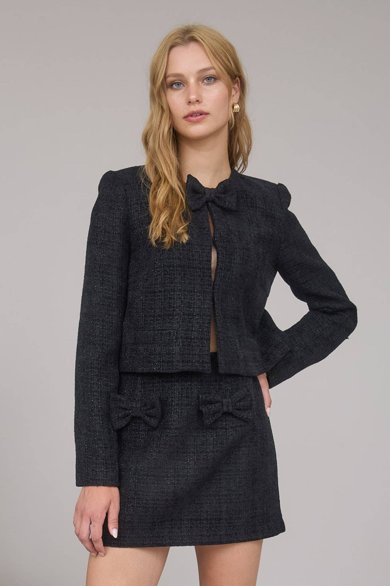 TWEED FRONT BOW TIE DETAIL BLAZER JACKET - Uniquely Claudia Boutique