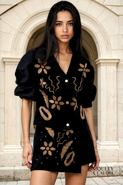 Michelle Gold Embroidered Long Sleeve Button-Down Jacket