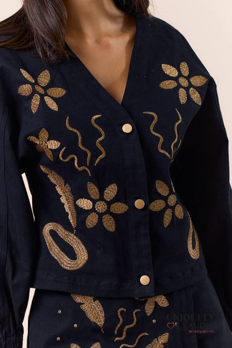 Michelle Gold Embroidered Long Sleeve Button-Down Jacket