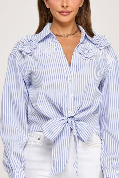 Migdalia Stripes, Lace & Flower Detailed Blouse - Uniquely Claudia Boutique