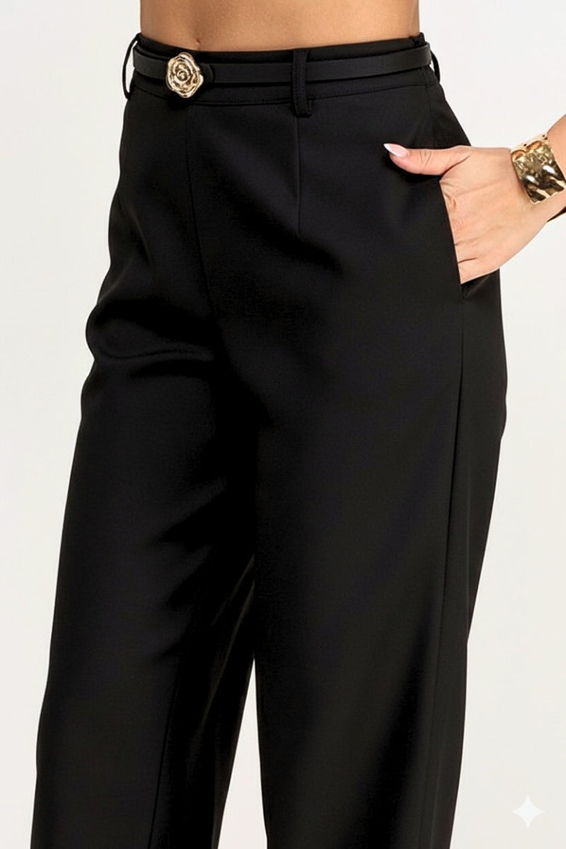 Black pants with a belt on a white background