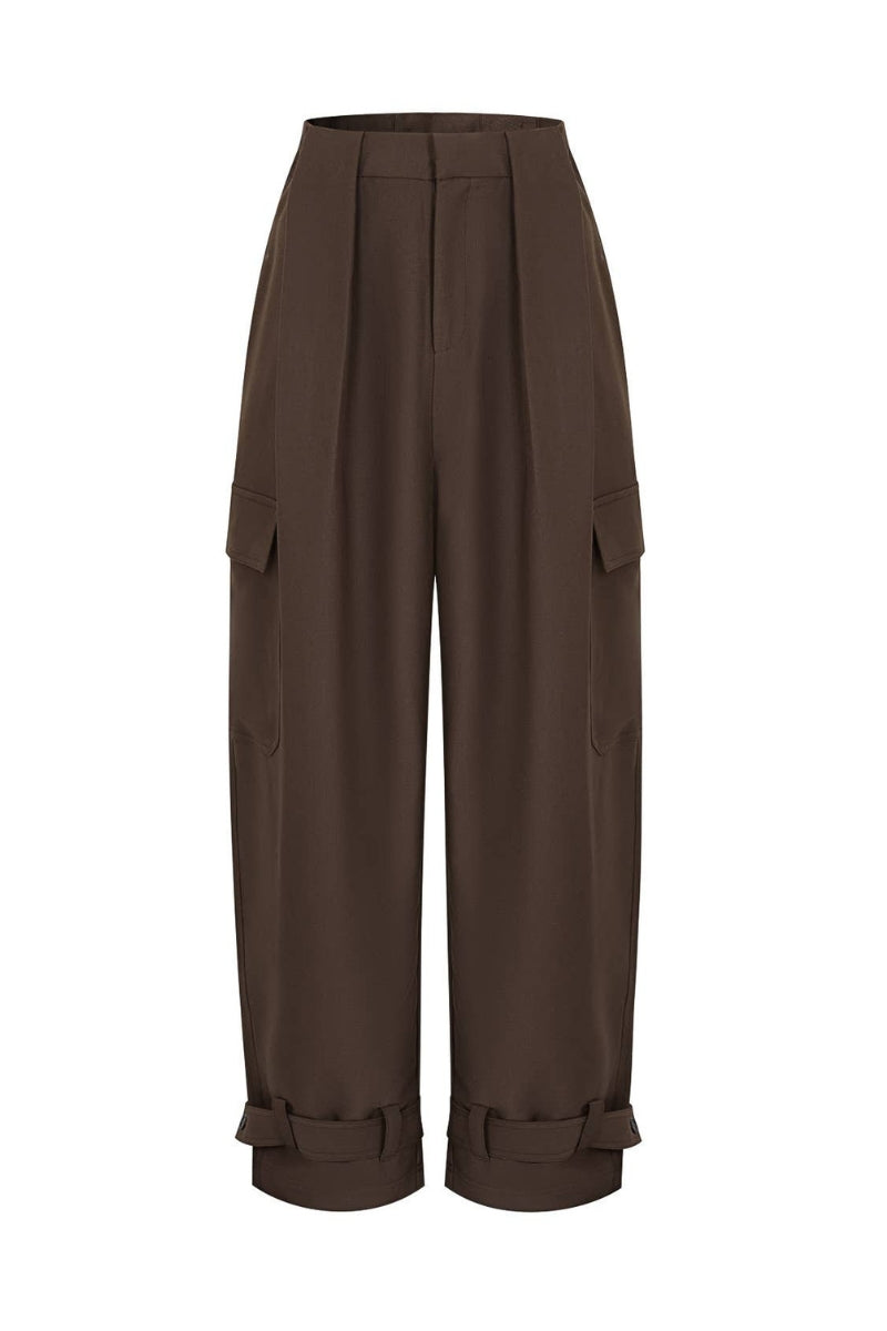 A pair of dark brown wide-leg cargo pants with pleated front details, side flap pockets, and rolled cuffs, shown against a plain white background.
