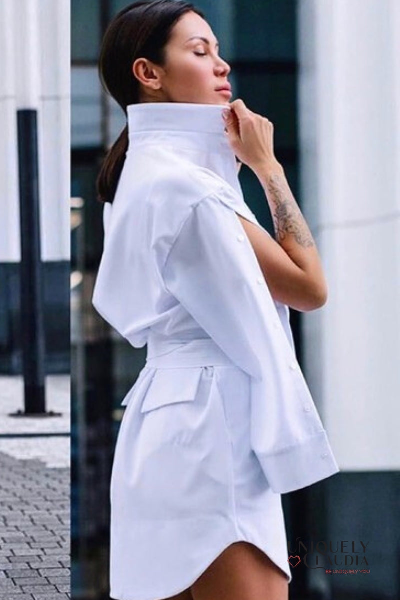 Neysha Button-Up Sleeves Belted Shirt Dress | Uniquely Claudia Boutique 