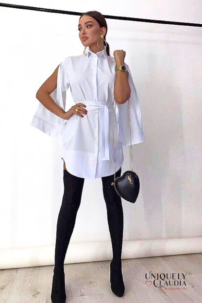 Neysha Button-Up Sleeves Belted Shirt Dress | Uniquely Claudia Boutique 