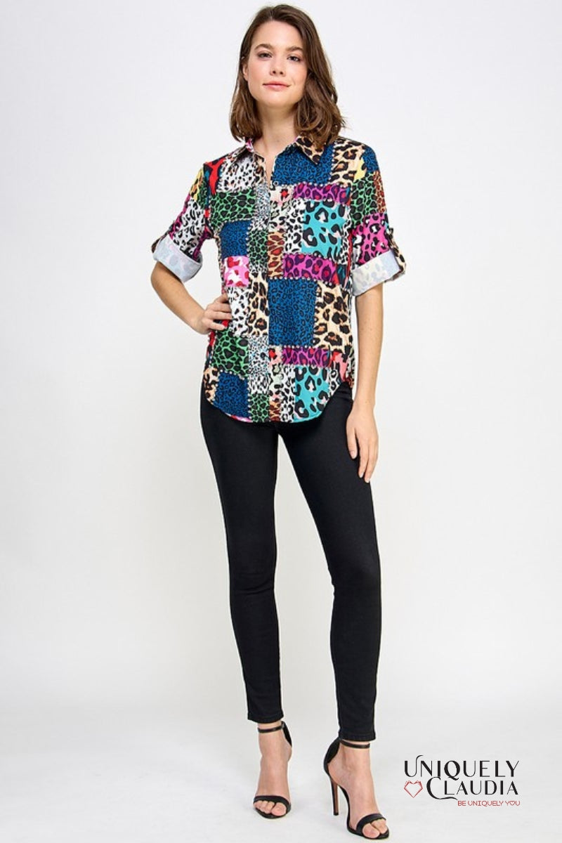 Norma Animal Print Block 3/4 Sleeve Embellished Blouse | Uniquely Claudia Boutique