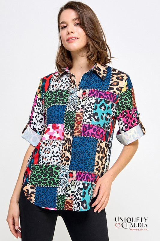 Norma Animal Print Block 3/4 Sleeve Embellished Blouse | Uniquely Claudia Boutique