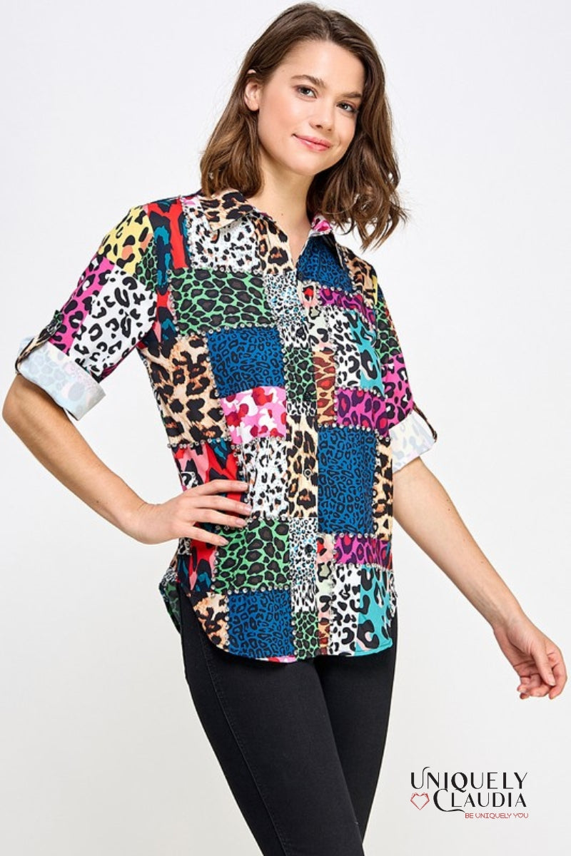Norma Animal Print Block 3/4 Sleeve Embellished Blouse | Uniquely Claudia Boutique