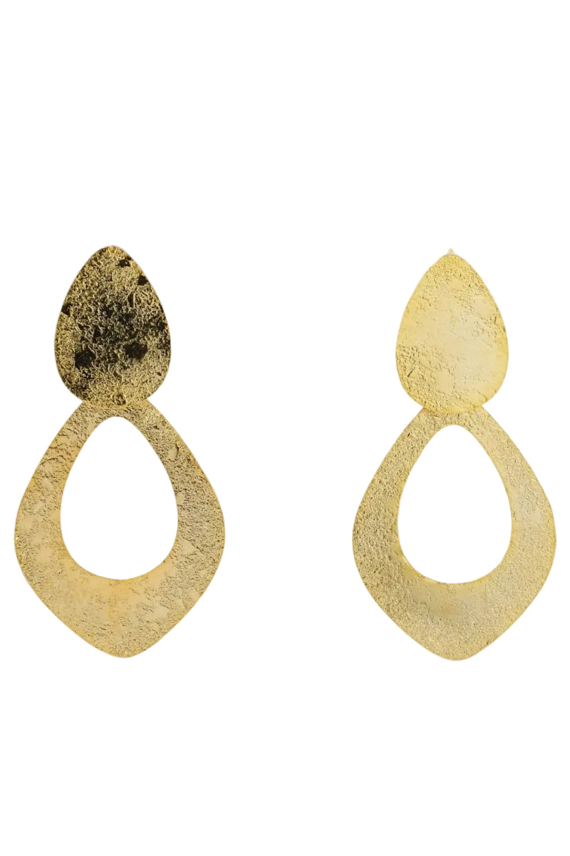 Gold earrings with textured design on a light gray background