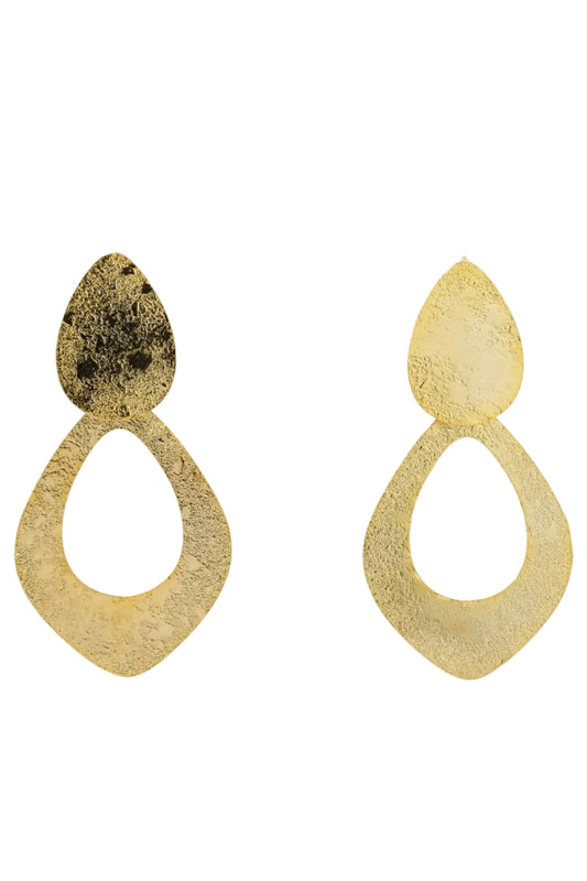 Gold earrings with textured design on a light gray background