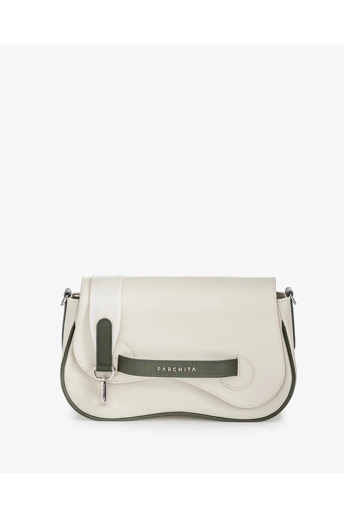 Parchita Brand handbag with a green strap on a white background