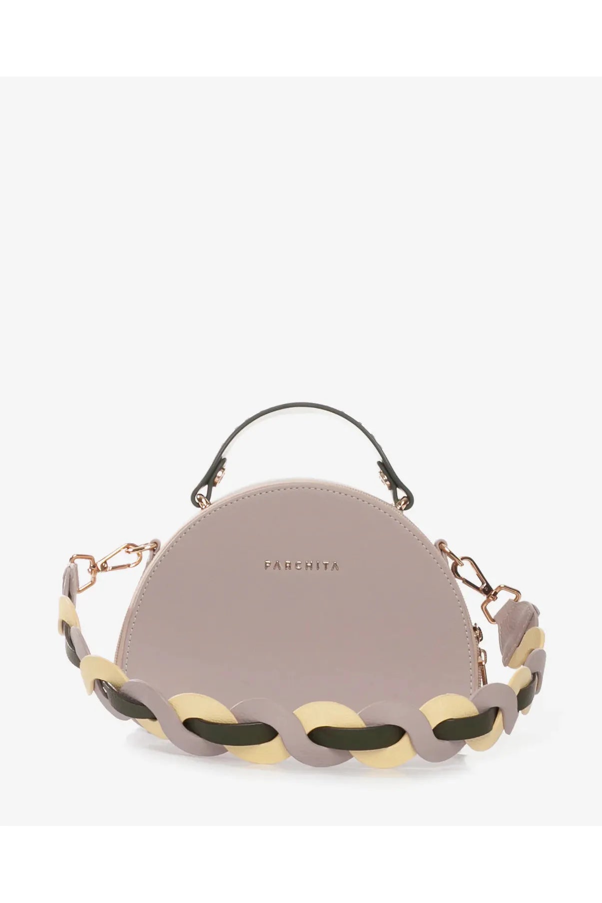 Parchita Brand handbag with chain detail on a white background