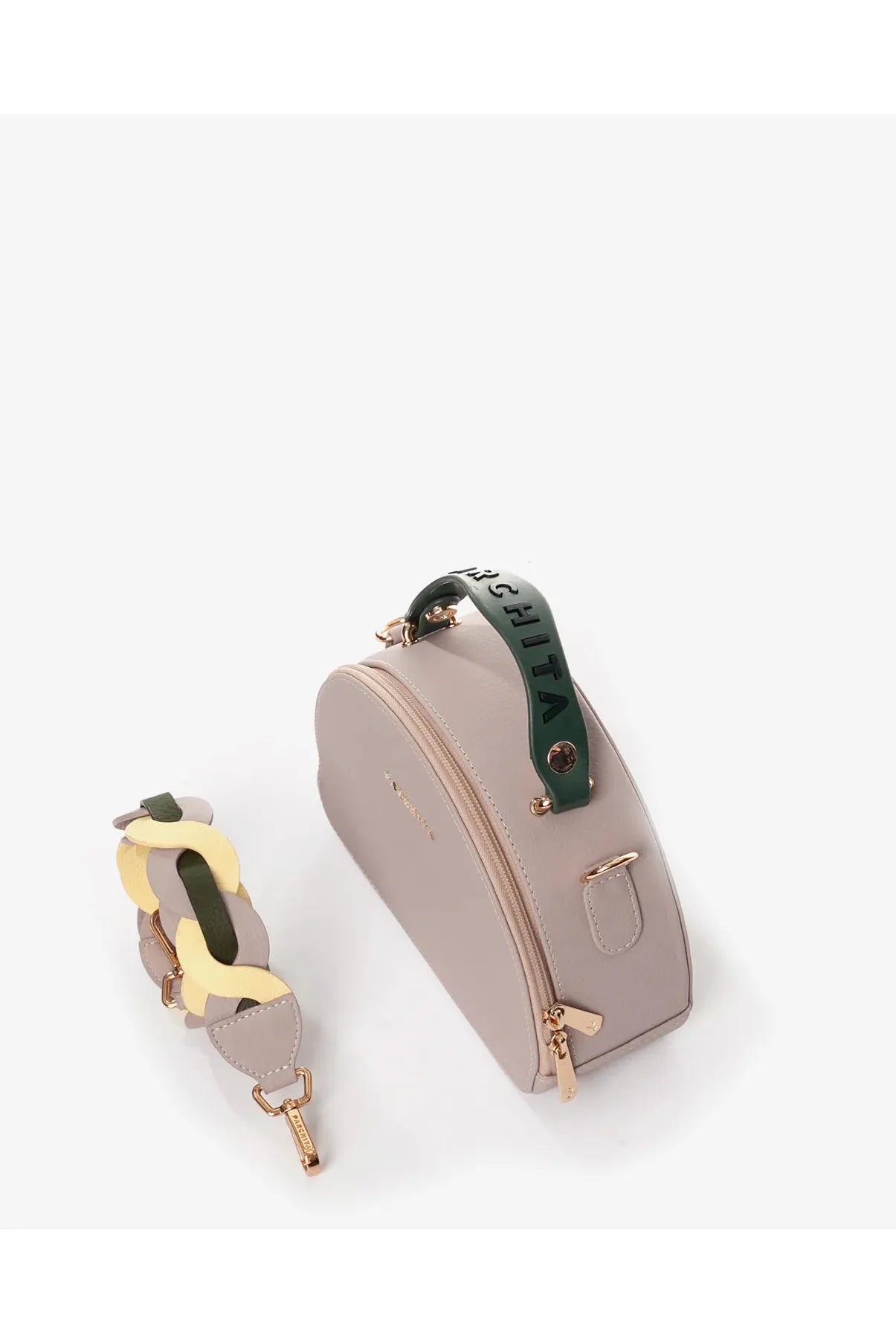 Parchita Brand beige handbags with green and gold accents on a white background
