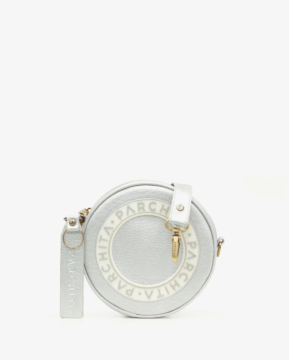 Round handbag with visible branding on a white background