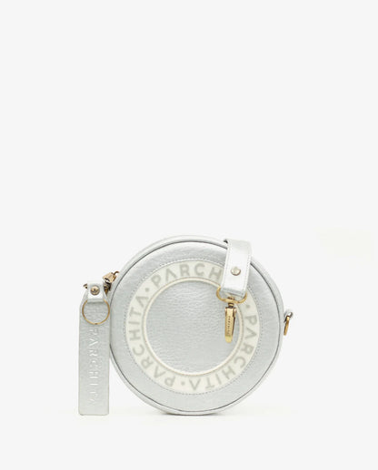 Round handbag with visible branding on a white background