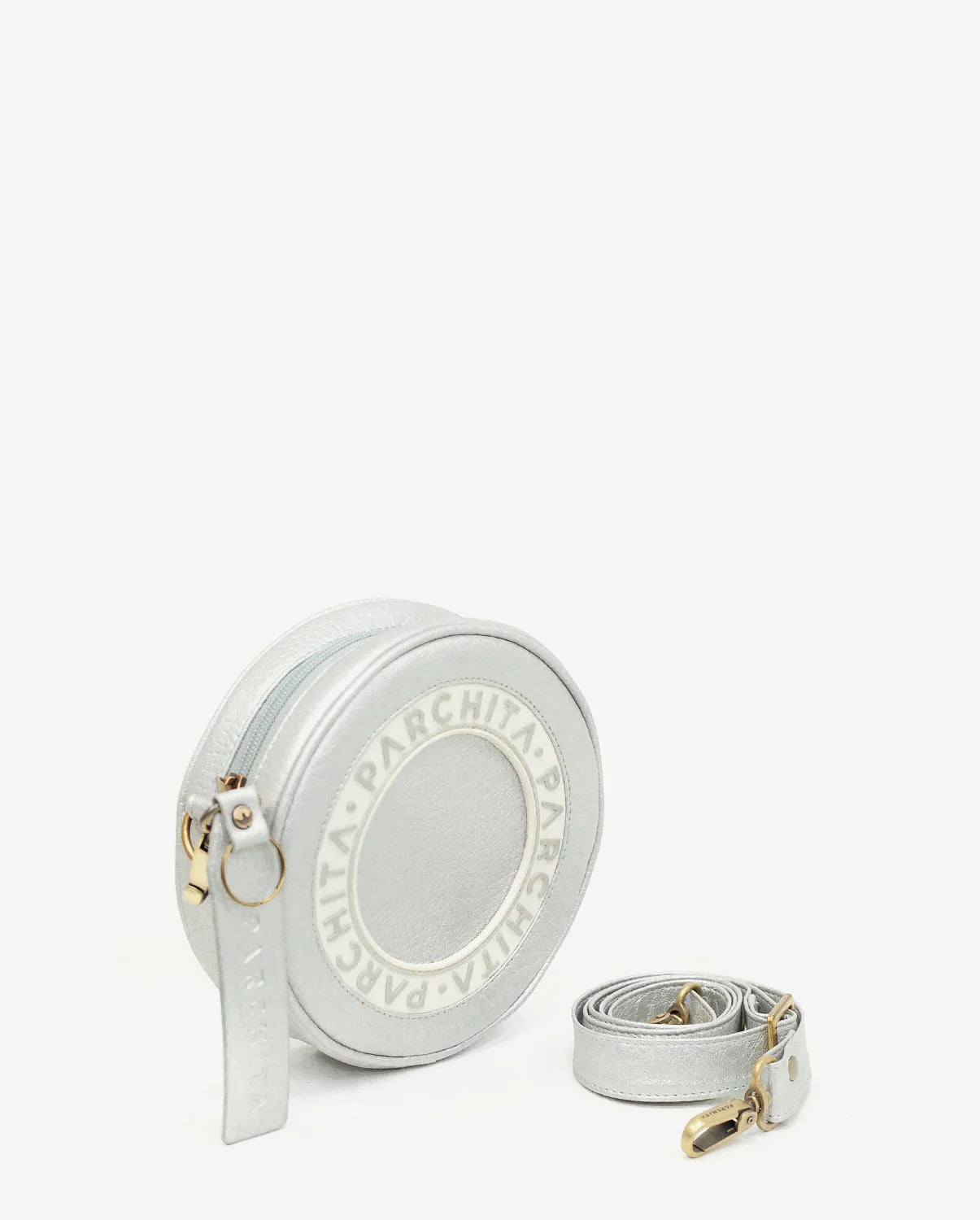 Round white handbag with visible brand name on a white background