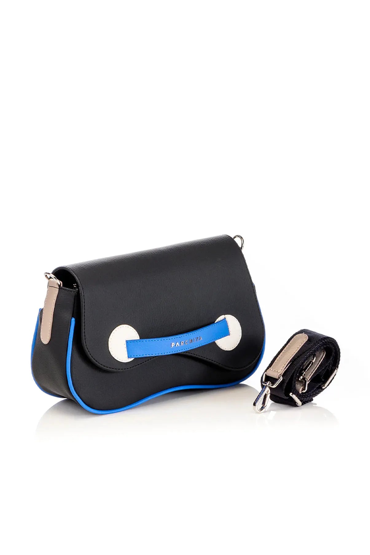Parchita Brand handbag with blue accents and a detachable strap on a white background