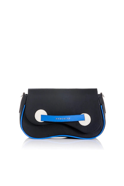 Parchita Brand handbag with blue accents and a visible brand logo on a white background